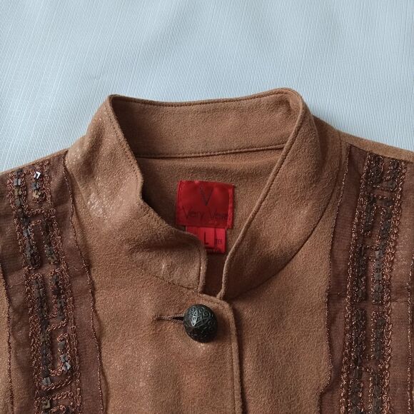Very Vera Copper Brown Faux Suede Embellished Lightweight Jacket Women's Large - Picture 6 of 12